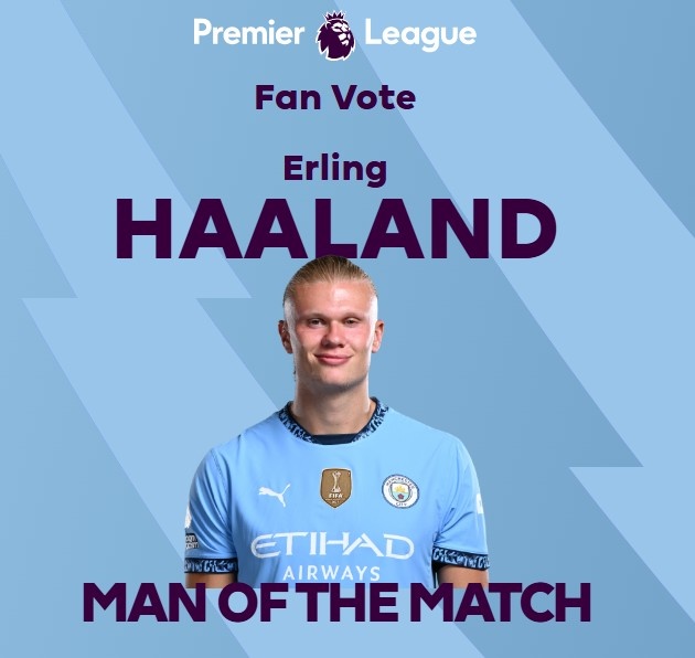 打進致勝球！英超官方：哈蘭德當(dāng)選曼城1-0熱刺全場最佳球員